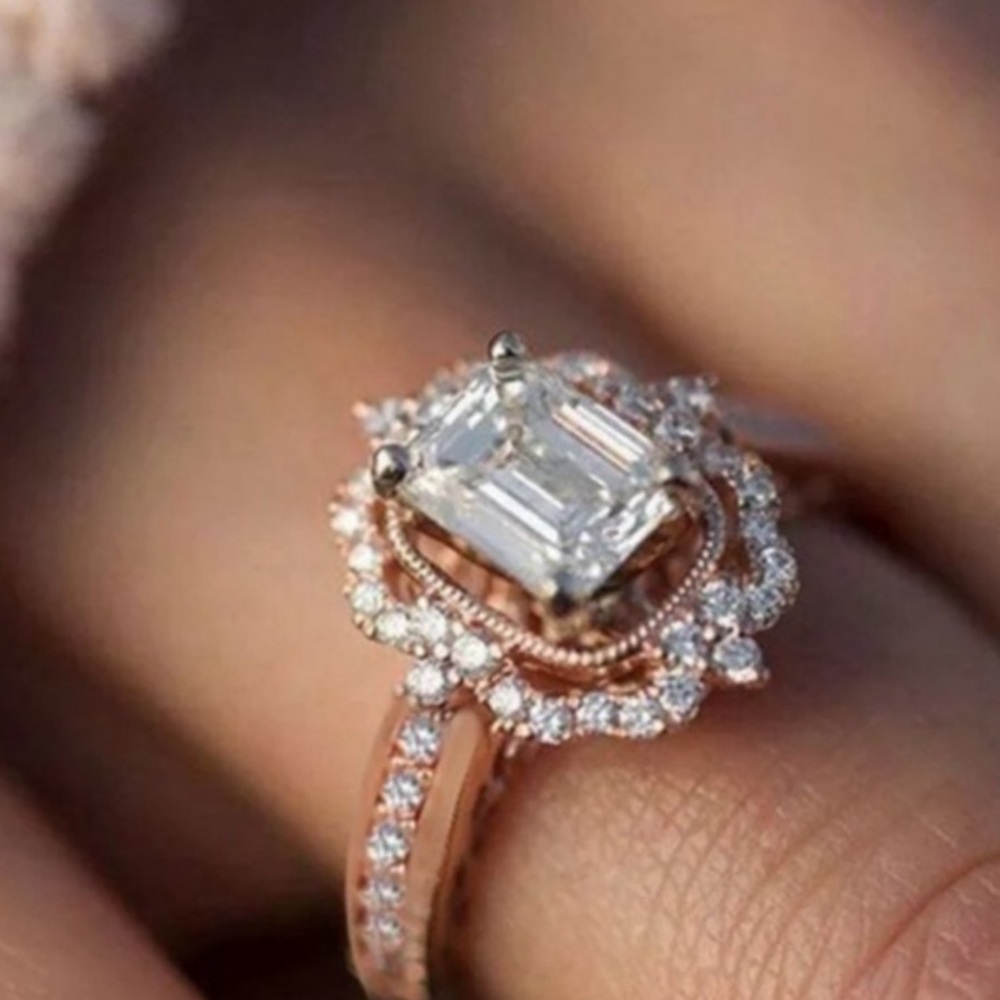Radiant 18k Plated Rose Gold & White Sapphire Ring Size 8